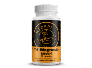 Tri-Magnesio Méderi, complemento alimenticio con tres formas de magnesio y vitamina B6, 60 cápsulas.
