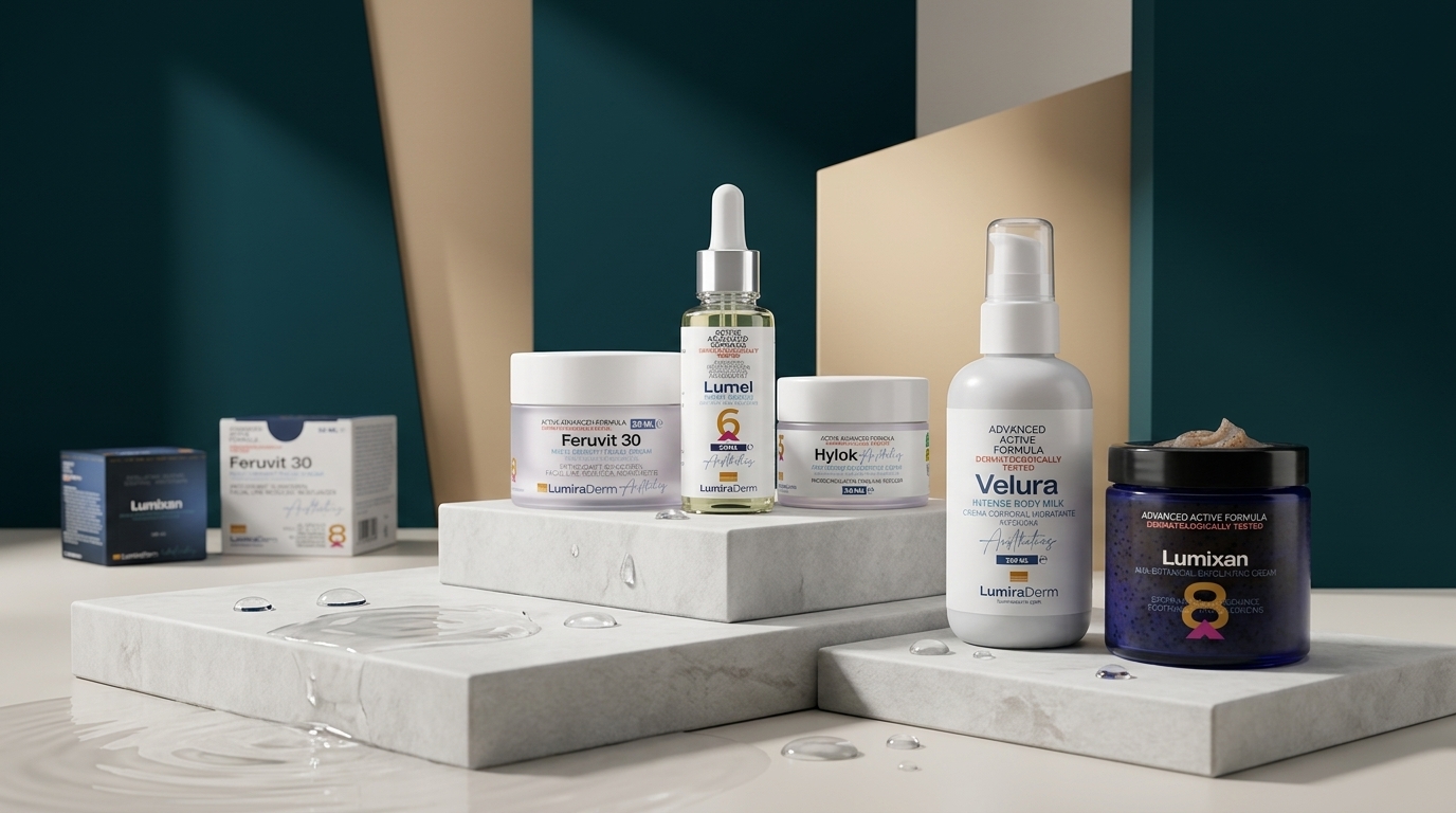 Línea dermocosmética Lumiraderm para rutina facial completa: Lumilar, Feruvit 30, Lumel, Lumixan, Velura e Hylok
