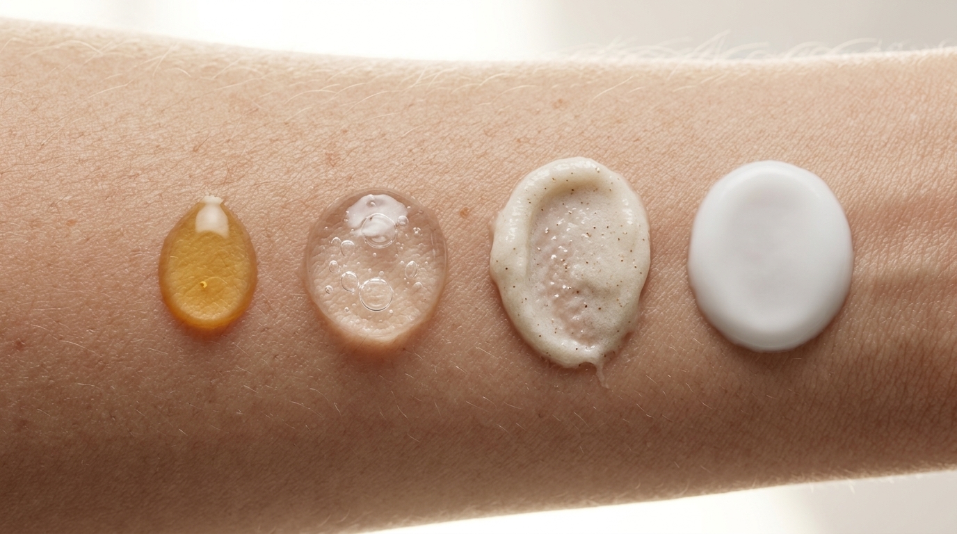 Texturas dermocosméticas en laboratorio: sérum de retinol con melatonina, gel exfoliante con ácido glicólico y emulsión antioxidante
